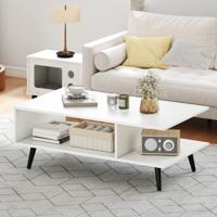 Salontafel 2-Laags Woonkamer Tafel met Open Rek en Metalen Poten Bijzettafel van Hout 80 x 45 x 30 cm Wit