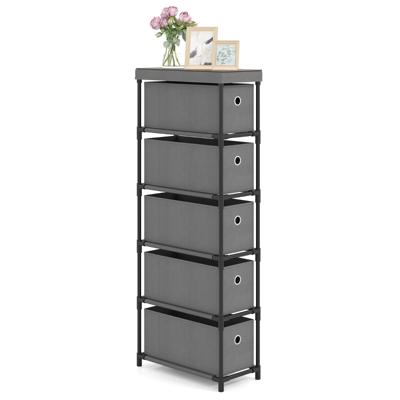 Smalle Commode Met 5 Lades & Metalen Frame & Houten Blad Opbergtoren Kledingorganizer Grijs
