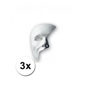 Carnaval verkleed masker phantom of the opera - 3x - wit - met elastiekje - plastic - beschilderbaar