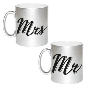 Zilveren Mr en Mrs cadeau mok / beker voor koppels 330 ml