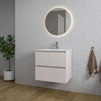 Adema Chaci Badkamermeubelset - 60x46x57cm - 1 keramische wasbak wit - 1 kraangat - 2 lades - ronde spiegel met verlichting - mat cotton (beige) SW1212761/SW804530/SW108325