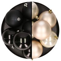 12x stuks kunststof kerstballen 8 cm mix van zwart en champagne