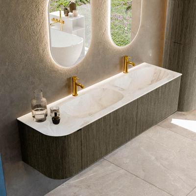 Badmeubel Mondiaz Kurve-Dlux | 165 cm cm | Meubelkleur Shadow | Wastafelkleur Frappe | Solid surface | Dubbel / Rechts spoelbak | 2 kraangaten