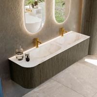 Badmeubel Mondiaz Kurve-Dlux | 165 cm cm | Meubelkleur Shadow | Wastafelkleur Frappe | Solid surface | Dubbel / Rechts spoelbak | 2 kraangaten