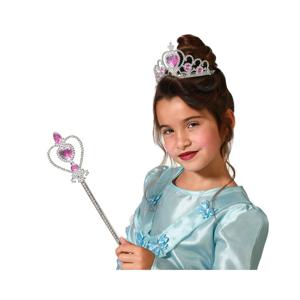 Carnaval verkleed Tiara/diadeem - Prinsessen kroontje met toverstokje - zilver/roze - meisjes