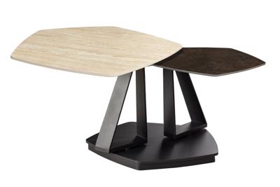 Salontafel MOVEMENT 80-130cm draaibaar keramisch blad natuurlijke travertijn en roestlook - 46421