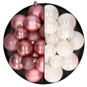 Kerstballen 60x stuks - mix oudroze/parelmoer wit - 4-5-6 cm - kunststof - Kerstbal