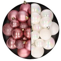 Kerstballen 60x stuks - mix oudroze/parelmoer wit - 4-5-6 cm - kunststof - Kerstbal - thumbnail