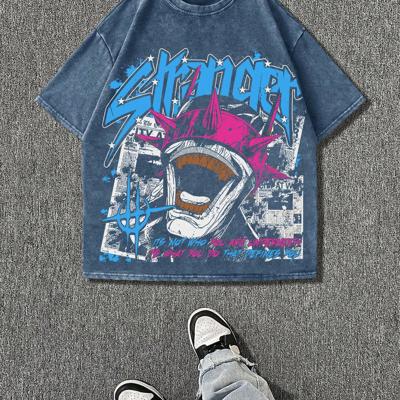 Men's Graffiti Monster Print T-Shirt - Washed Distressed Cotton Tee XL Men's Graffiti Monster Print T-Shirt - Washed Distressed Cotton Tee XL
