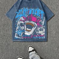 Men's Graffiti Monster Print T-Shirt - Washed Distressed Cotton Tee XL