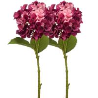 Kunstbloem hortensia tak - 2x - 52 cm - fuchsia - Real Touch - hydrangea - kunst zijdebloemen - thumbnail