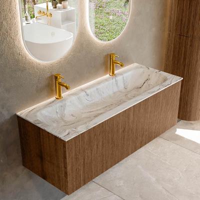 Badmeubel Mondiaz Kurve-Dlux | 120 cm | Meubelkleur Walnut | Wastafelkleur Glace | Solid surface | Midden spoelbak | 2 kraangaten