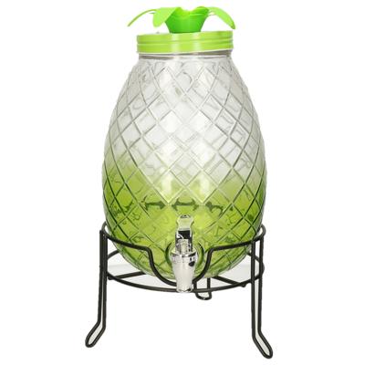 Limonade/drankdispenser ananas op verhoger - groen - 4,5 liter - glas - H40 x B19 cm