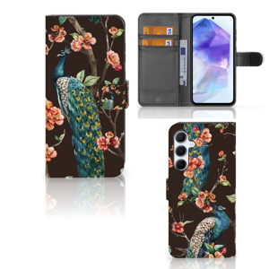 Samsung Galaxy A55 Telefoonhoesje met Pasjes Pauw met Bloemen