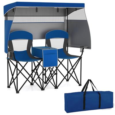 Campingstoel met Verstelbare Zonnebescherming Opvouwbare Stoel met Koeltas & Bekerhouder Marineblauw