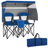 Campingstoel met Verstelbare Zonnebescherming Opvouwbare Stoel met Koeltas & Bekerhouder Marineblauw