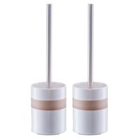 2x stuks WC/Toiletborstel in houder keramiek - wit met beige band - 9 x 33 cm - thumbnail