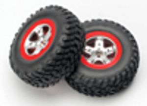 Tires & wheels, assembled, glued (sct satin chrome wheels, red beadlock (dual profile 2.2" outer, 3.0" inner), sct off-road tires, foam inserts) (...