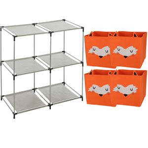 Kastmandjes/opberg mandjes - vossen print - oranje - 4x stuks van 29L - In rekje van 68 x 68 cm