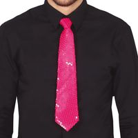Carnaval verkleed stropdas met pailletten - neon roze - polyester - volwassenen/unisex - thumbnail