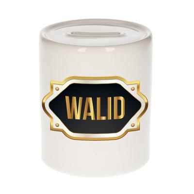 Spaarpot met voornaam Walid - wit - goud/zwart embleem - 8 x 9 cm - keramiek - afsluitdop