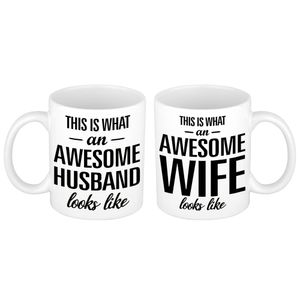 Awesome husband and wife mok / beker wit - cadeau set - bruiloft / huwelijk / jubileum   -