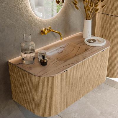 Badmeubel Mondiaz Kurve-Dlux | 100 cm | Meubelkleur Oak | Wastafelkleur Arena | Solid surface | Wasbak midden spoelbak | Zonder kraangat(en)