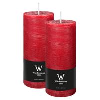 Cilinderkaars/stompkaars - 2x - rustieke kaars - rood - 7 x 16 cm - 66 branduren