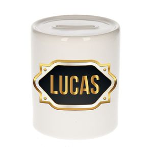 Naam cadeau spaarpot Lucas met gouden embleem   -