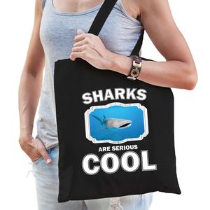 Katoenen tasje sharks are serious cool zwart - haaien/ walvishaai cadeau tas