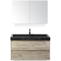 Dante Badmeubelset 100 cm - Craft Oak - Wastafel Hardsteen Wit Lucca met Spiegelkast