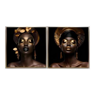 Schilderij Home ESPRIT Zwart Gouden Afrikaanse 80 x 3,5 x 80 cm (2 Stuks)