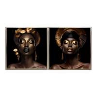 Schilderij Home ESPRIT Zwart Gouden Afrikaanse 80 x 3,5 x 80 cm (2 Stuks)