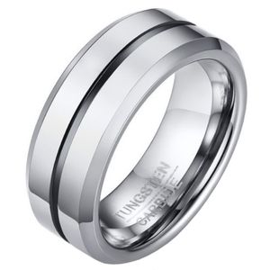 Wolfraam heren ring zilverkleurig met Zwarte streep-19mm