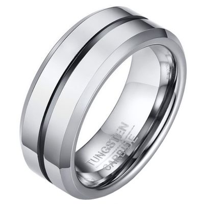 Wolfraam heren ring zilverkleurig met Zwarte streep