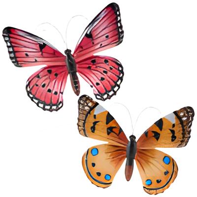Wanddecoratie vlinders - 2x stuks - roze en oranje - 34 x 28 cm - metaal - muurdecoratie tuin