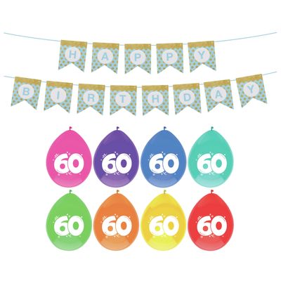 Verjaardag 60 jaar geworden versiering - 16x thema ballonnen - 1x Happy Birthday slinger 300 cm