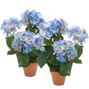 2x stuks blauwe hortensia Hydrangea Macrophylla kunstplant in terracotta pot 40 cm