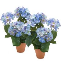 2x stuks blauwe hortensia Hydrangea Macrophylla kunstplant in terracotta pot 40 cm - thumbnail