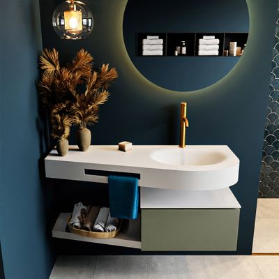 MONDIAZ RIVA 120cm badmeubel onderkast / planchet kleur Army met 1 lade. Wastafel DULCET rechts 1 kraangat kleur Talc.