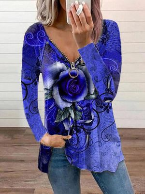 Printed Holiday V Neck Long Sleeve Shirts & Tops