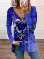 Printed Holiday V Neck Long Sleeve Shirts & Tops - thumbnail