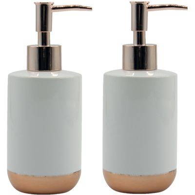 Zeeppompje/zeepdispenser Amman - 2x - keramiek - wit/koper - 7 x 17 cm - 260 ml