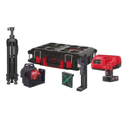 Milwaukee M12 3PLSKIT-401P Accu kruislijnlaser 3x360° groen + statief 12V 4.0Ah in PACKOUT™ - 4933499379