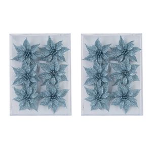 18x stuks decoratie bloemen rozen ijsblauw glitter op ijzerdraad 8 cm - Kersthangers