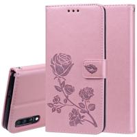 Rose reliëf horizontale Flip PU lederen case voor Galaxy A70 met houder & kaartsleuven & portemonnee (Rose goud)
