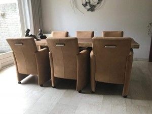 Set van 6 leren eetkamerfauteuils - met armleuning en wieltjes - bruin leer - Echt leer, Modern, ontdek de vele Leersoorten en Kleuren bij ShopX