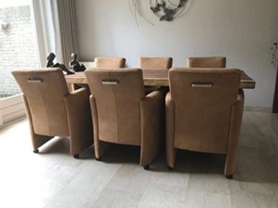 Set van 6 leren eetkamerfauteuils - met armleuning en wieltjes - bruin leer - Echt leer, Modern, ontdek de vele Leersoorten en Kleuren bij ShopX