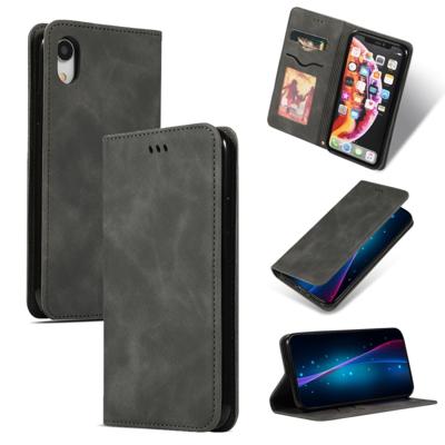 Retro huid feel Business magnetische horizontale Flip lederen case voor de iPhone XR (donkergrijs)