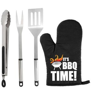 BBQ/barbecue gereedschap set 3-delig RVS met BBQ handschoen It's BBQ Time! - Barbecuegereedschapset